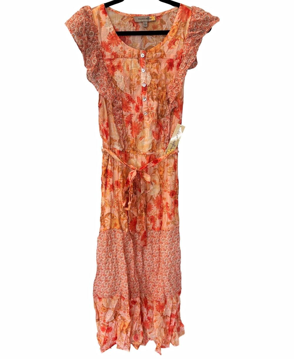 Figueroa & Flower NWT Pink Floral Chiffon Boho Cottage Maxi Dress Waist Tie Sz L